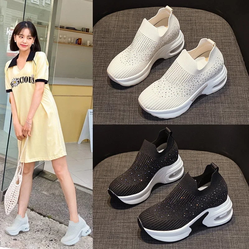 Air Mesh Platform Sneakers Wedge Crystal Shoes White Black Height Increased High Heel for Women Slip on Shoes Vulcanized New