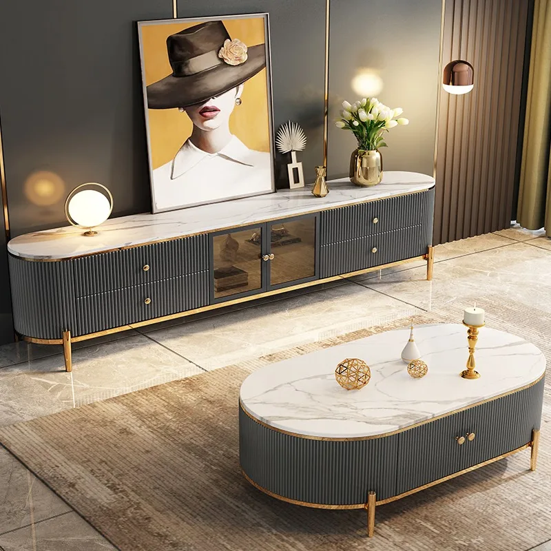 طاولة قهوة فاخرة خفيفة من بلاطة الصخور وخزانة تلفزيون وغرفة معيشة راقية وشقة صغيرة وغرفة نوم بسيطة ما بعد الحداثة وزجاج أبيض #4