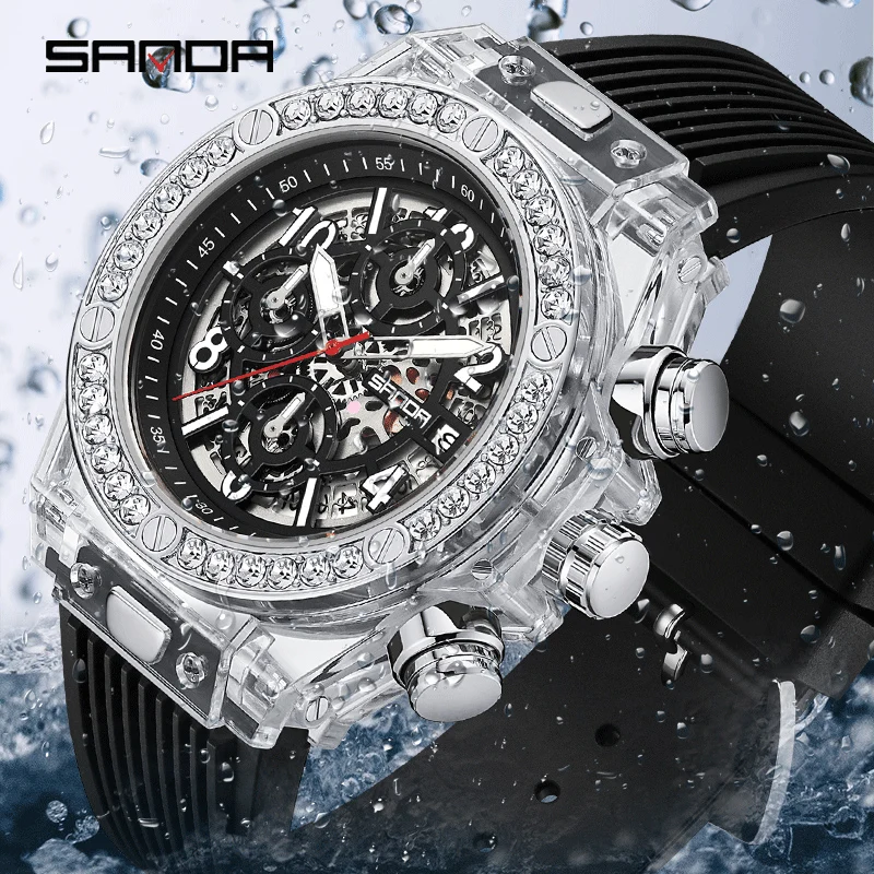 SANDA Topmerk Mode Heren Quartz Horloges Luxe Water Diamond Business Mannen Horloge Waterdicht Chronograaf Hoge Kwaliteit Heren Horloge