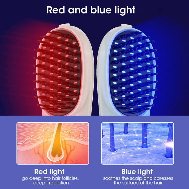 สีแดงสีฟ้า LED หวีนวดบรรเทาหัวนวดหนังศีรษะสําหรับผมแปรงผมการสั่นสะเทือน Red Blue Light Therapy Anti Hair Loss