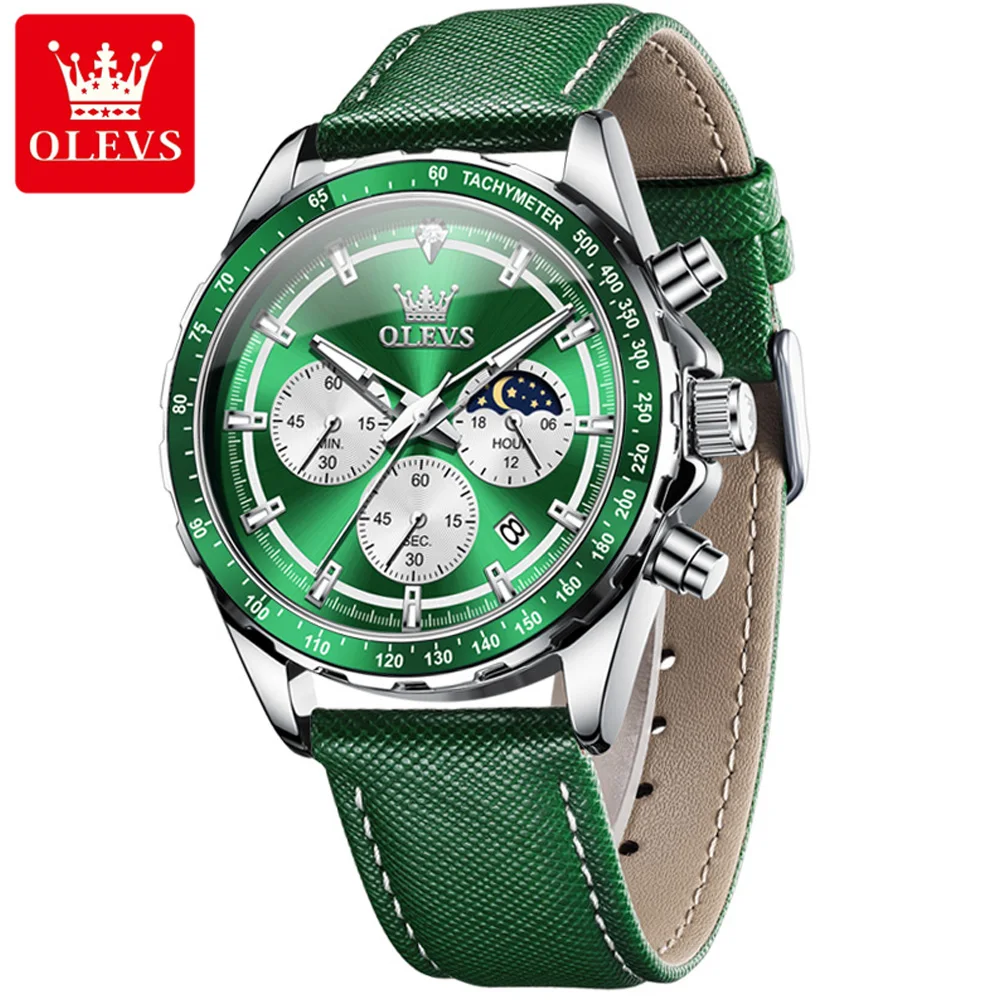 OLEVS Men's Watches Fashion Sports Green Watch For Men Multifunctional Quartz Wristwatches Men Waterproof Leather reloj hombre