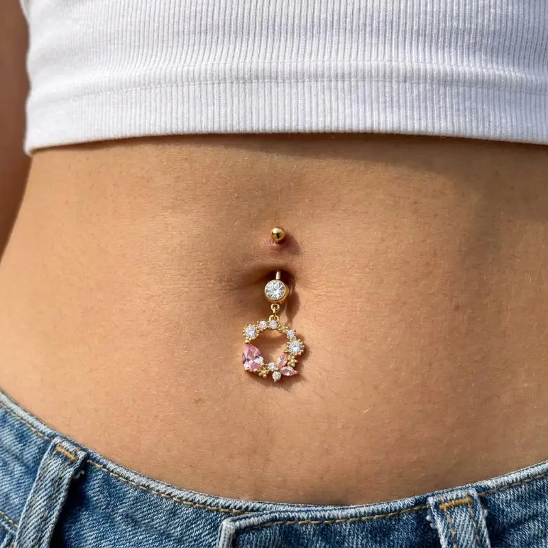Pink Butterfly Heart Navel Ring Golden Anti-rust Stainless Steel Belly Button Ring for Women Daily Party Wear