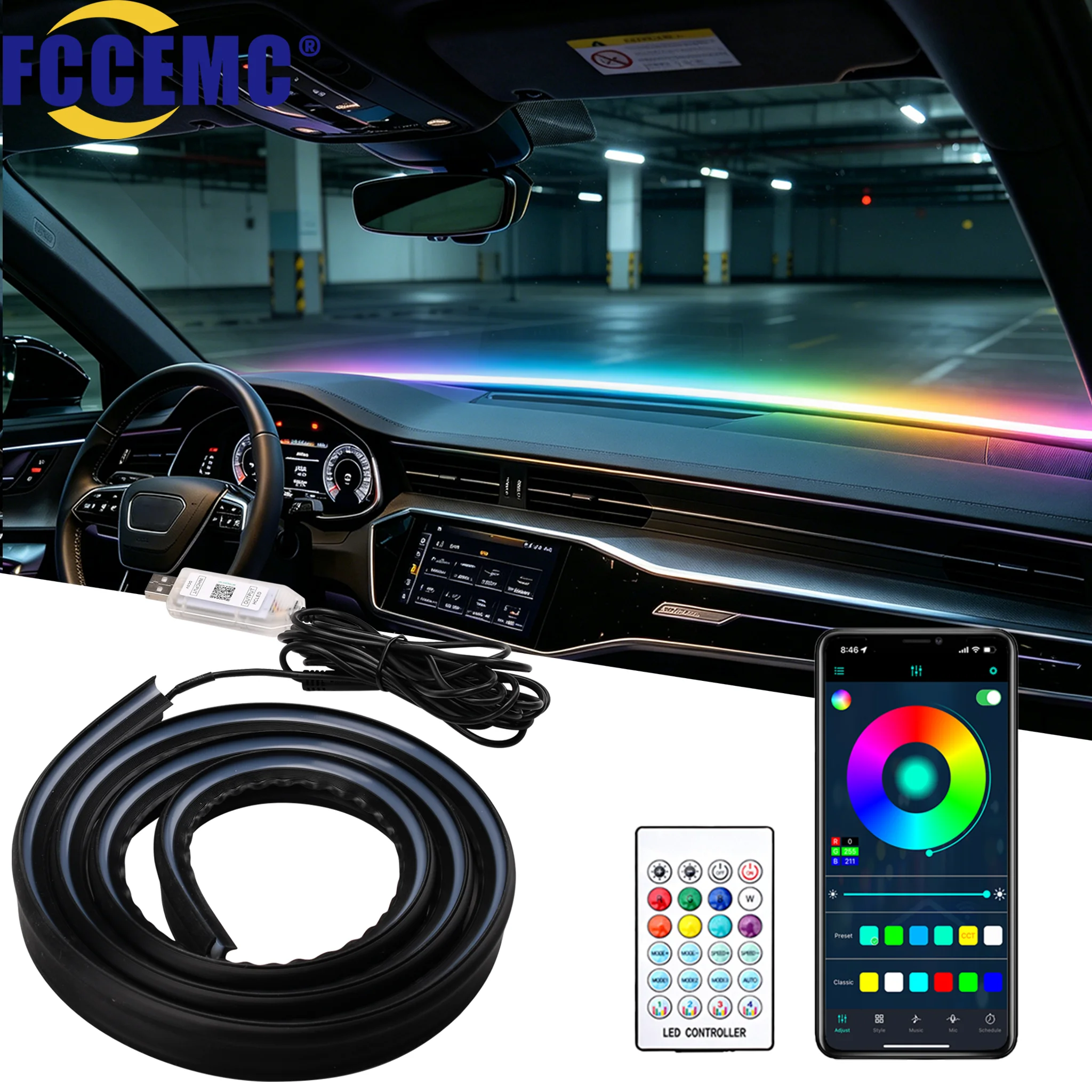 1.5M Car Dashboard Ambient Mood Light Front Windshield Gap Seal Strip RGB USB APP Remote Control Auto Interior Atmospere Lamp