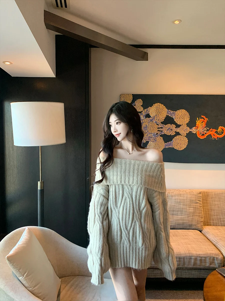 

J Studio Sli Loose Knitted Sweater One oulder Soft Collar Faionable White Slimming Trendy Women's Winter Top