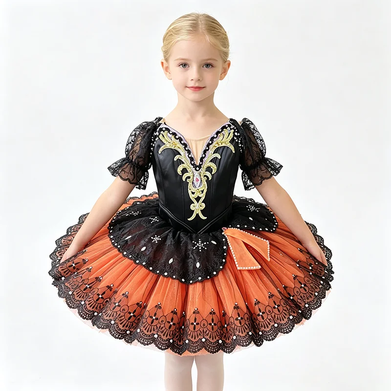 Womens Lace Long Sleeve V Neck Ballet Tutu Performance Dress Gold Rhinestone Scroll Embroidery Bow Decor Black Orange Contrast G