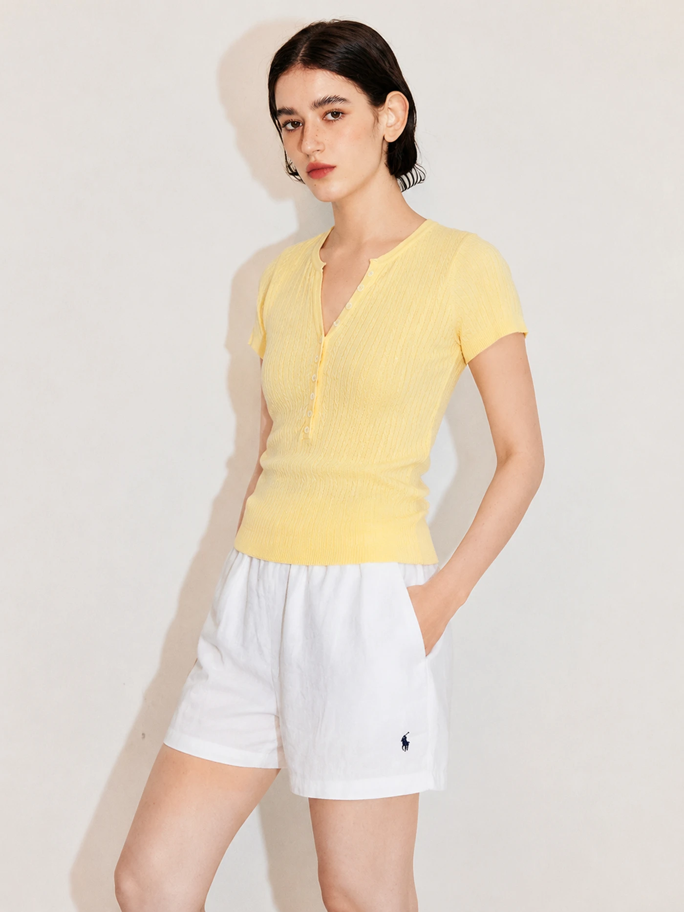 Eco-Friendly Knitted Crop Top with Twist Design Half Open Front Henry Collar Short Sleeve Slim Fit T-Shirt for Women