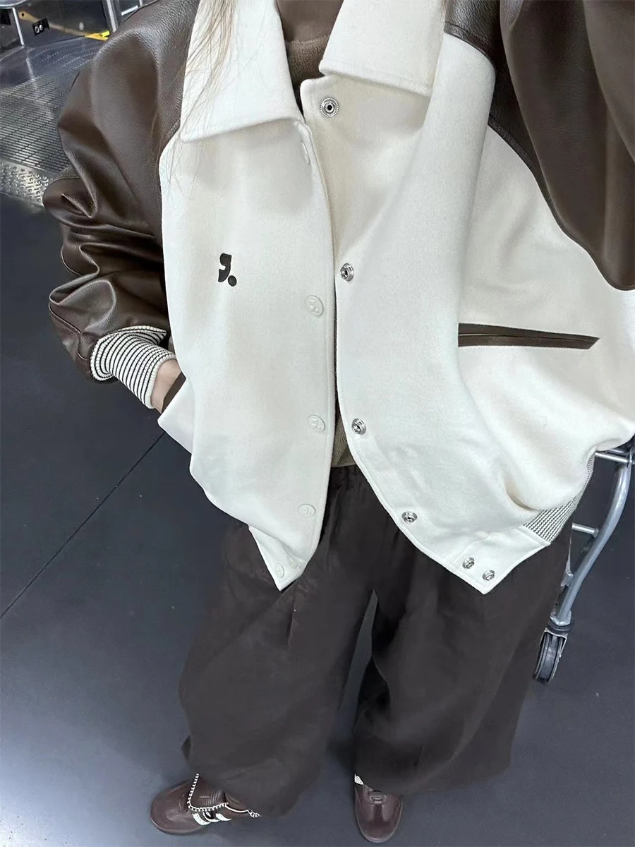 PEACHZHOU Veste en cuir colorée coupe ample style baseball rétro coréen pour femme, manteau coupe-vent à manches longues avec fermeture éclair