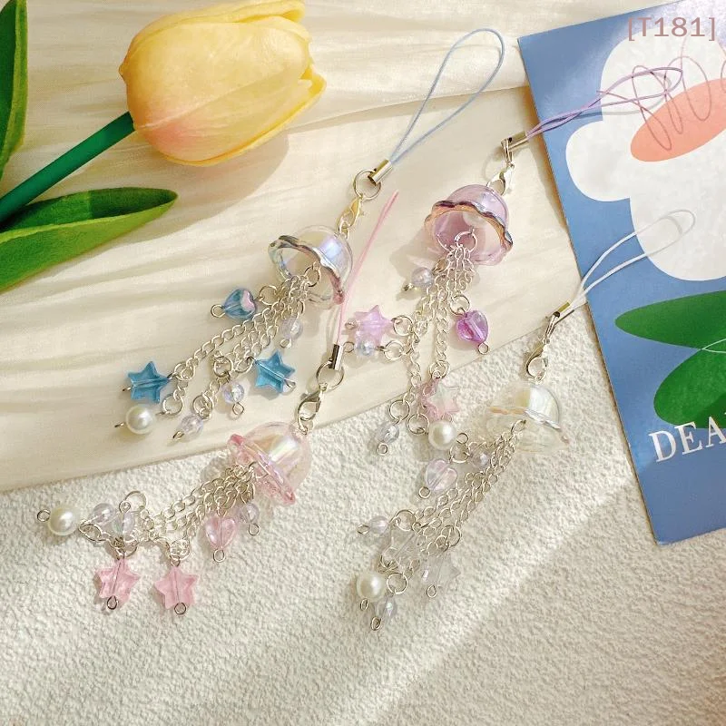 [E] Cute Jellyfish Wind Chime Pendant Keychain Mobile Phone Lanyard Bag Key Ring Decorative Accessories For Girls Christmas Gift