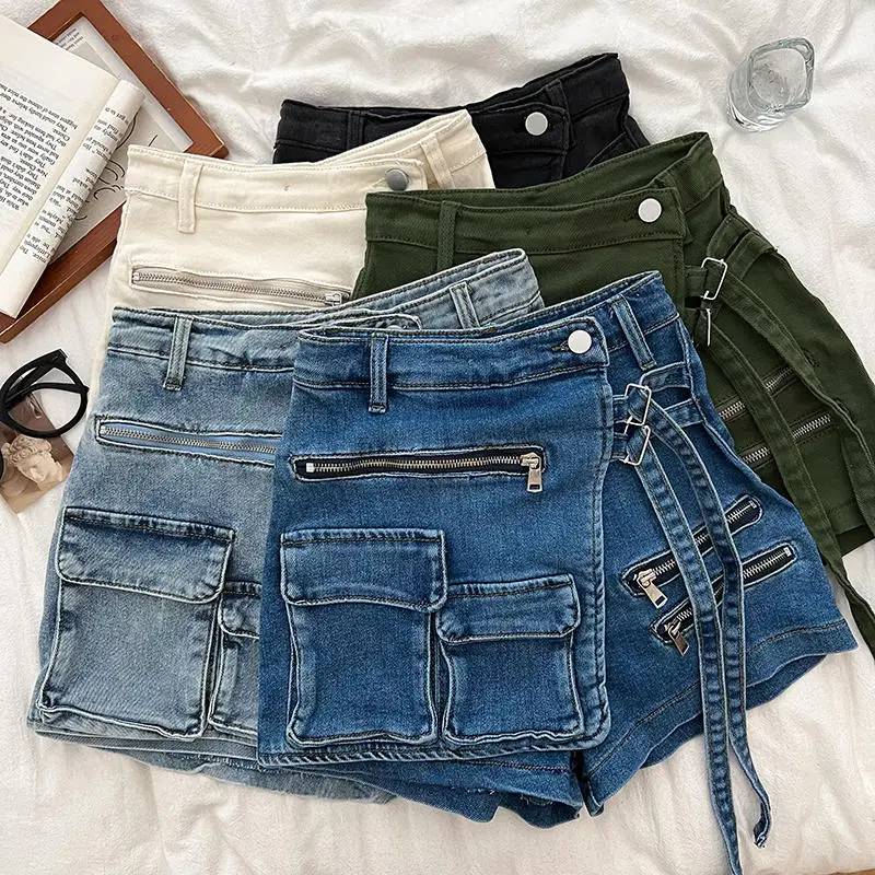 

Korean Fashion Denim Shorts Skirts Women Irregular Multi-Pocket Zipper High Waist Slim Short Pants Cool Girl Casual Shorts