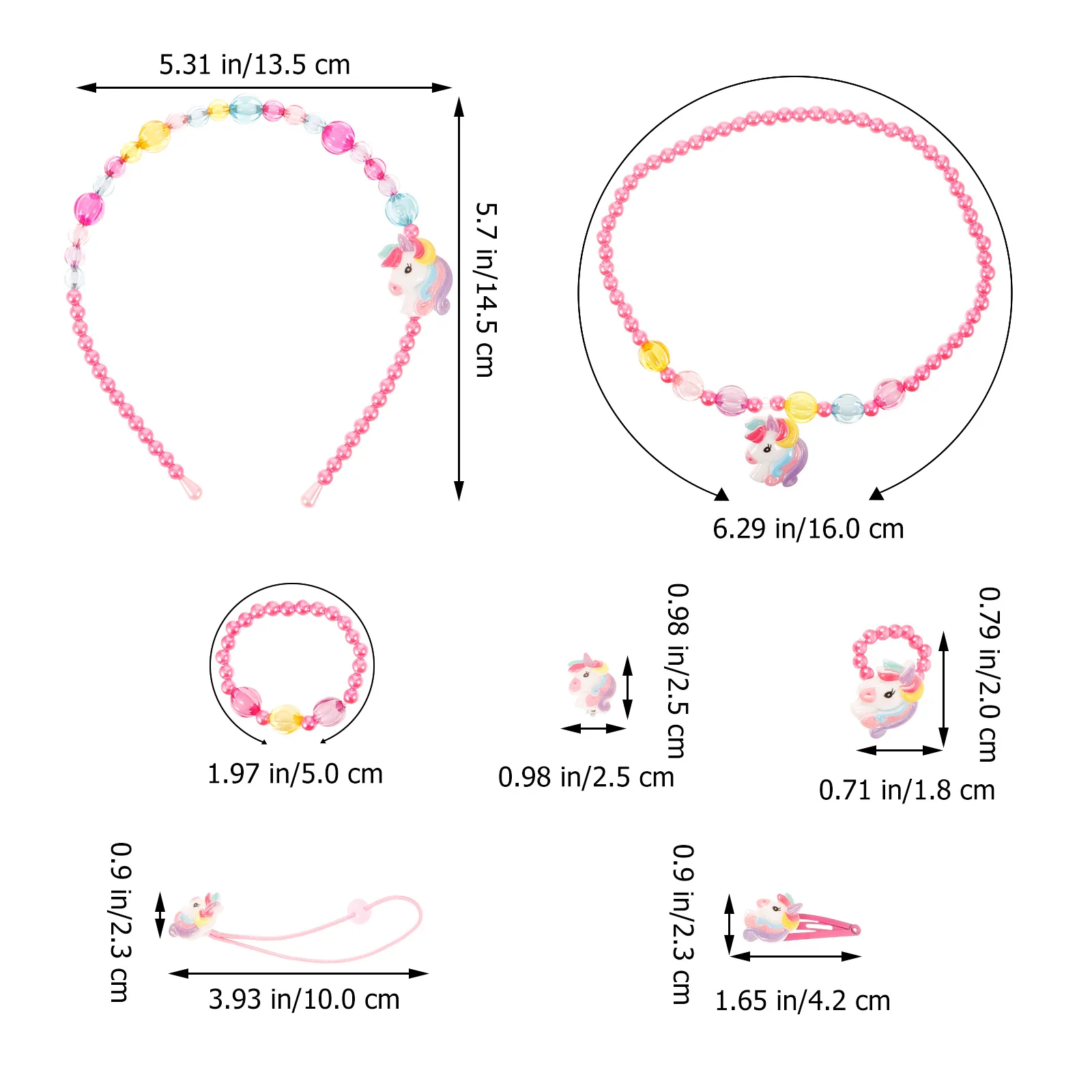 1세트 유니콘 쥬얼리 세트 (4-6세 여아용), 리틀 걸 쥬얼리 세트 (헤어밴드, 팔찌, 목걸이, 귀걸이, 반지, 헤어핀, 로프 포함)