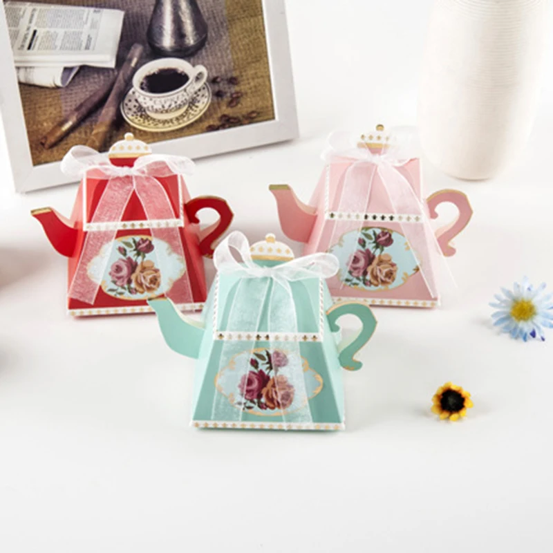 Cajas de papel para dulces con diseño de tetera, caja de cartón para embalaje de regalo, decoración para eventos, fiesta de boda, cumpleaños, Baby Shower, 25/50 Uds.