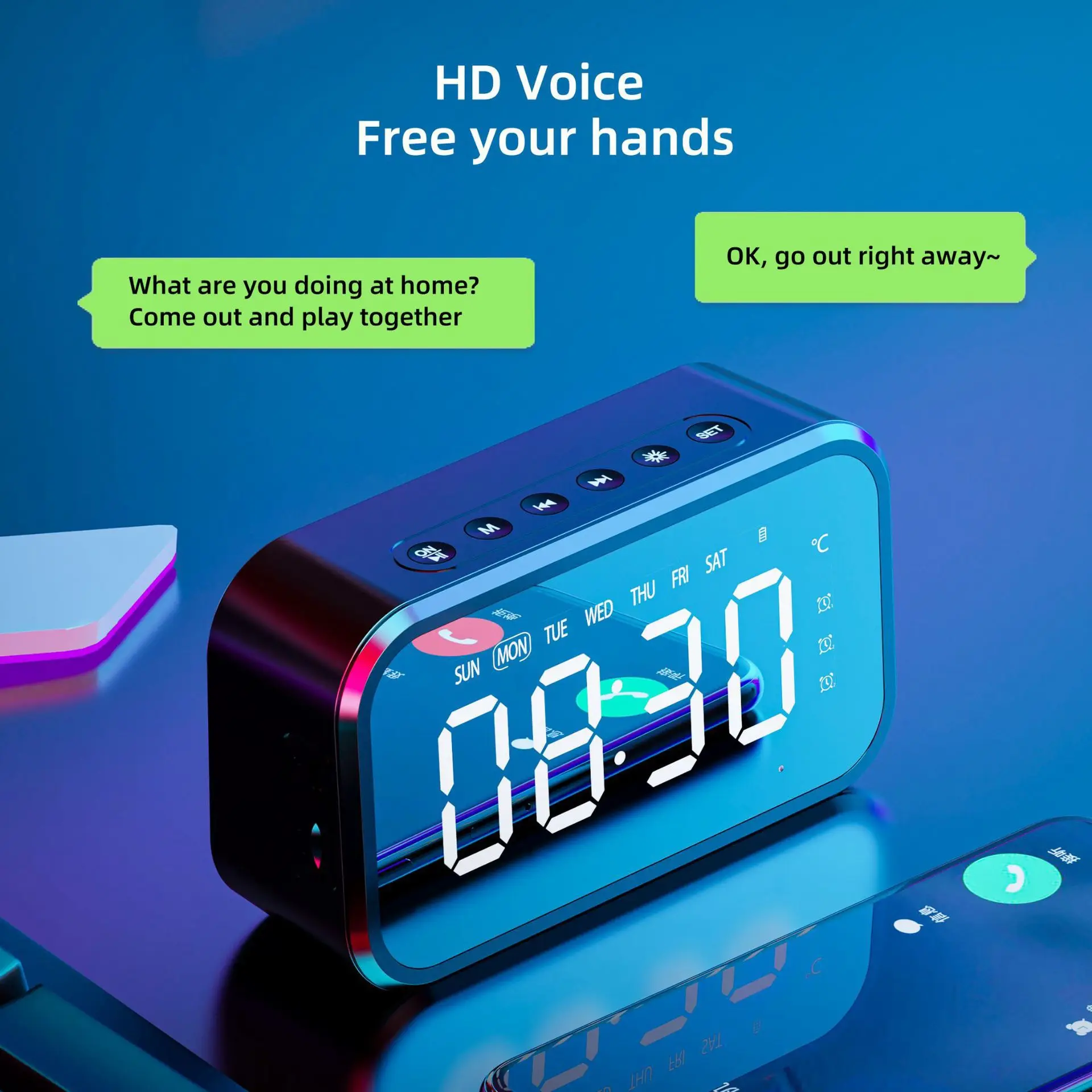 Rechargeable Mirror Clock Alarm Clock with Bluetooth Speaker TF Plug-in Radio Stereo Creative Gifts Temperature Time Display