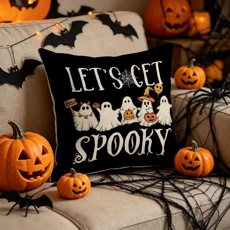 2 Stück Halloween Kürbis-Geist Auto-Print Kissenbezüge aus Polyester für Wohnzimmer-Sofa-Dekoration, Zierkissenbezüge – Detail 9