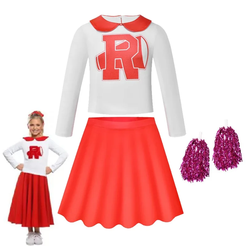 Grease cosplay costume the Pink Ladies gang girls dress kids retro fancy cheerleader red skirt white long tshirt Halloween party