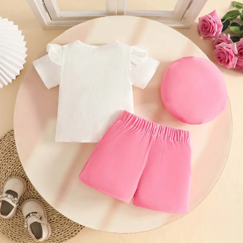 Toddler Baby Girl Summer 3Pcs Outfit Set Floral Ruffle Short Sleeve Ribbed Top+Pleated Skort+Hat Kids Casual Clothes Suit 1-3Y