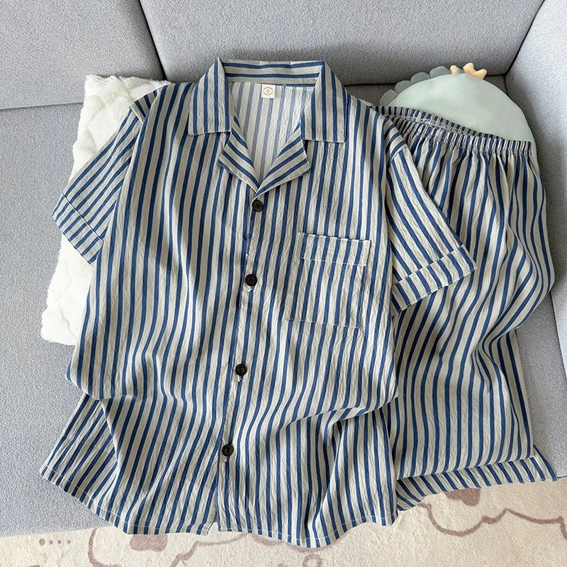 2 Piece Set Sleepwear Men Striped Vintage Pajamas Home Wear Man Nightwear Loungewear Soft Casual Summer 2026 Cool Pajamas Set