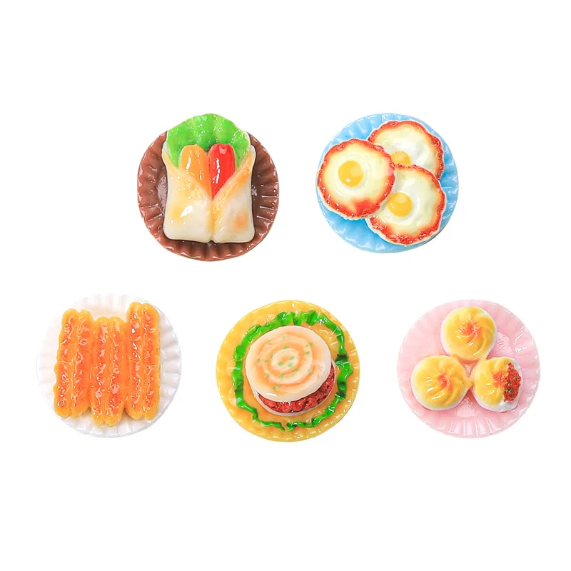 5pcs Dollhouse Miniature Food Toys Model Mini Fried Eggs Roujiamo Fried Buns Chinese Food With Plate Dollhouse Decor Accessories