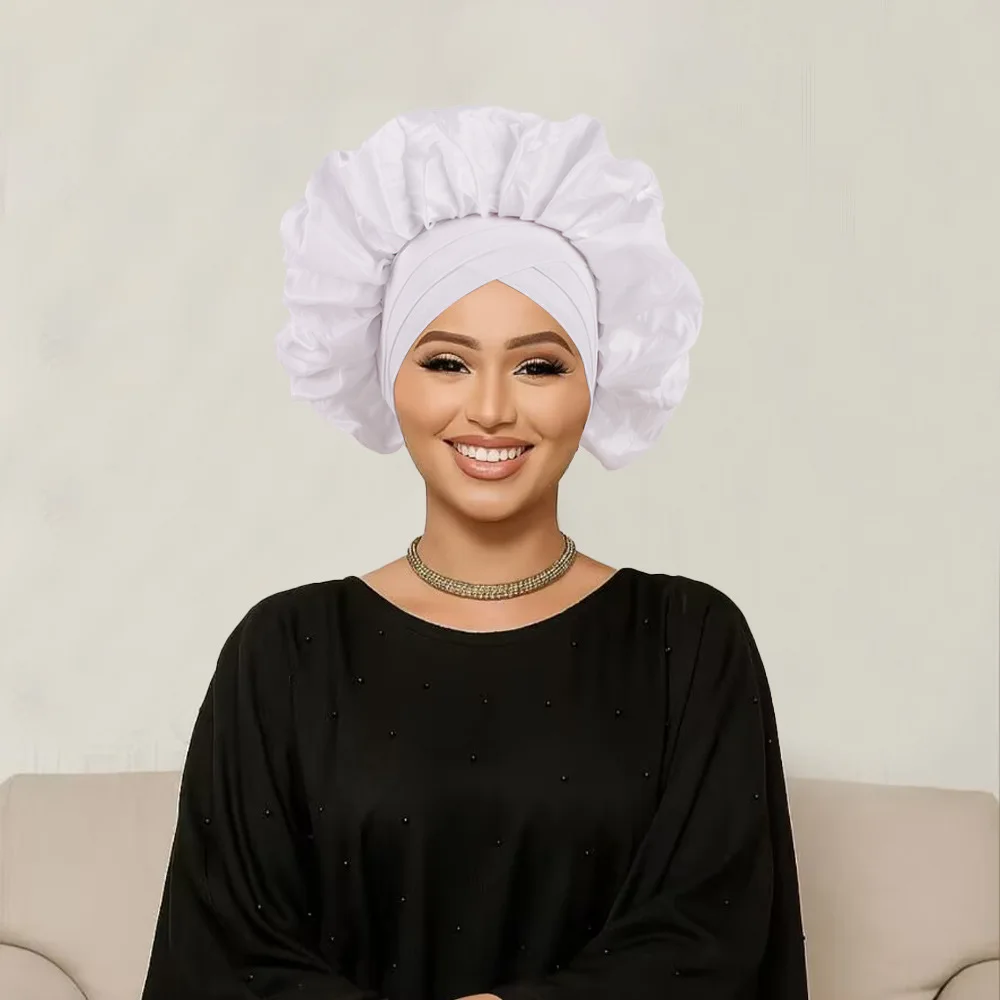 African Headtie Women Front Cross Ruffle Turban Cap Nigerian Wedding Auto Gele Headpiece Head Wrap Hijab Bonnet Hat Headdress