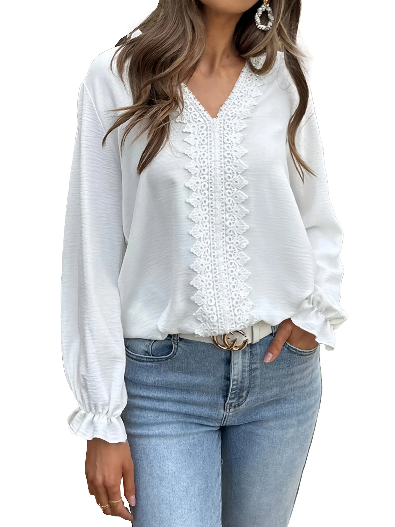 

Ladies' Plus Size Spring & Autumn Lace-Piece Long Sleeve Casual V-Neck T-Shirt