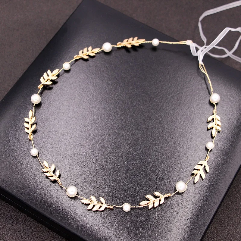 Свадебные аксессуары для волос, ленты для волос, корейский венок с золотыми листьями, винтажная свадебная тиара с жемчугом, повязка на голову для женщин и девочек, корона для волос