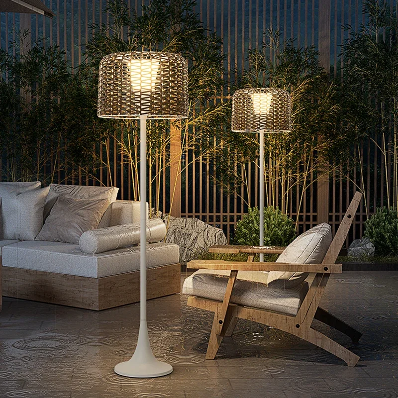 Outdoor Solar Floor Lamp Waterproof Rattan Floor Lights For Patios Decks Garden Outdoor Floor Lamps For Patio Plug In