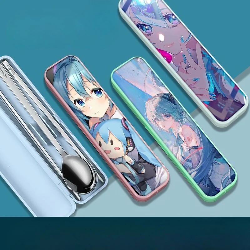 

Hatsune Miku Cute Cartoon Anime Chopsticks Spoon Fork Set Box Kawaii Student Portable Stainless Steel Tableware Storage Box Gift