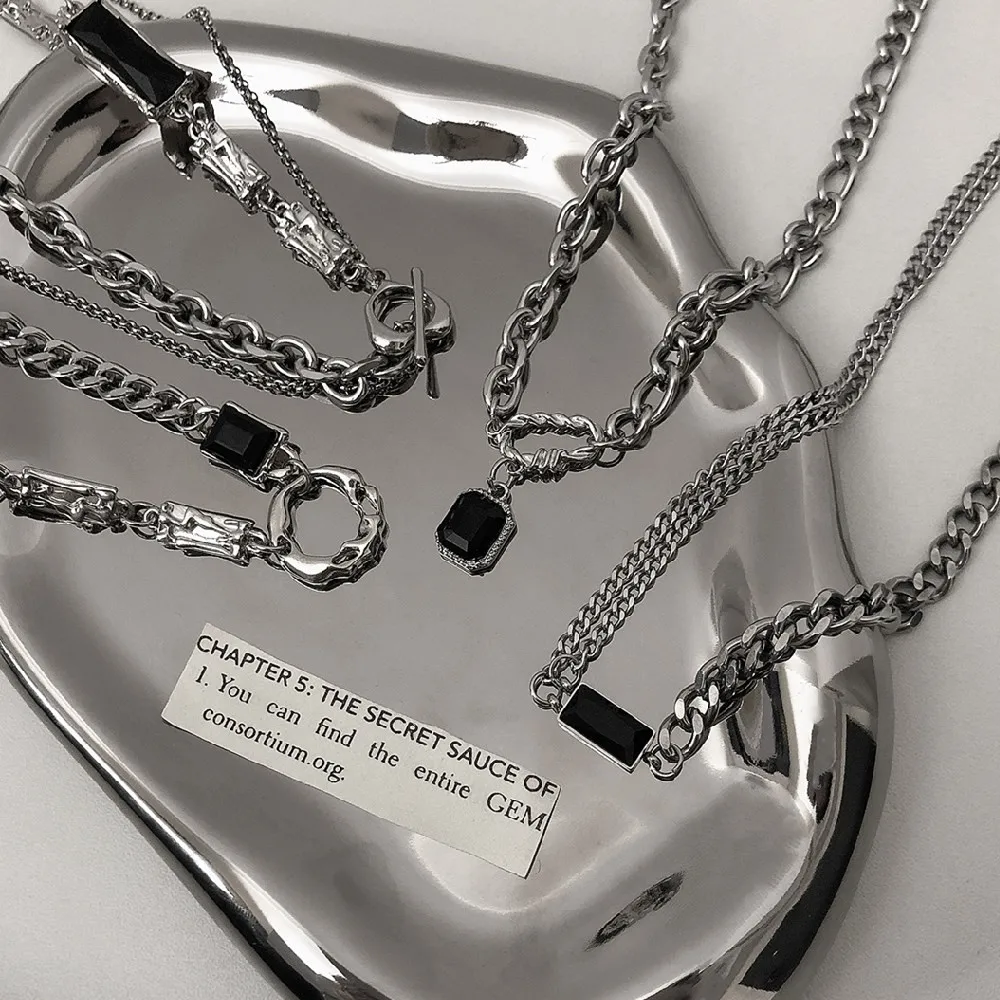 Punk Black Crystal Pendant Necklace for Women Men 2023 Trendy Personality Stainless steel Chain Necklace Goth Emo Grunge Jewelry