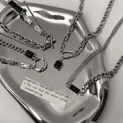 Punk Black Crystal Pendant Necklace for Women Men 2023 Trendy Personality Stainless steel Chain Necklace Goth Emo Grunge Jewelry