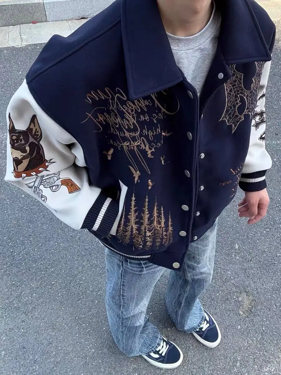 

Ретро американский Хай-стрит с вышивкой бейсбольный джат открытый кардиган верхняя одежда мужская модная свободная парная шерстяная толстовка J...