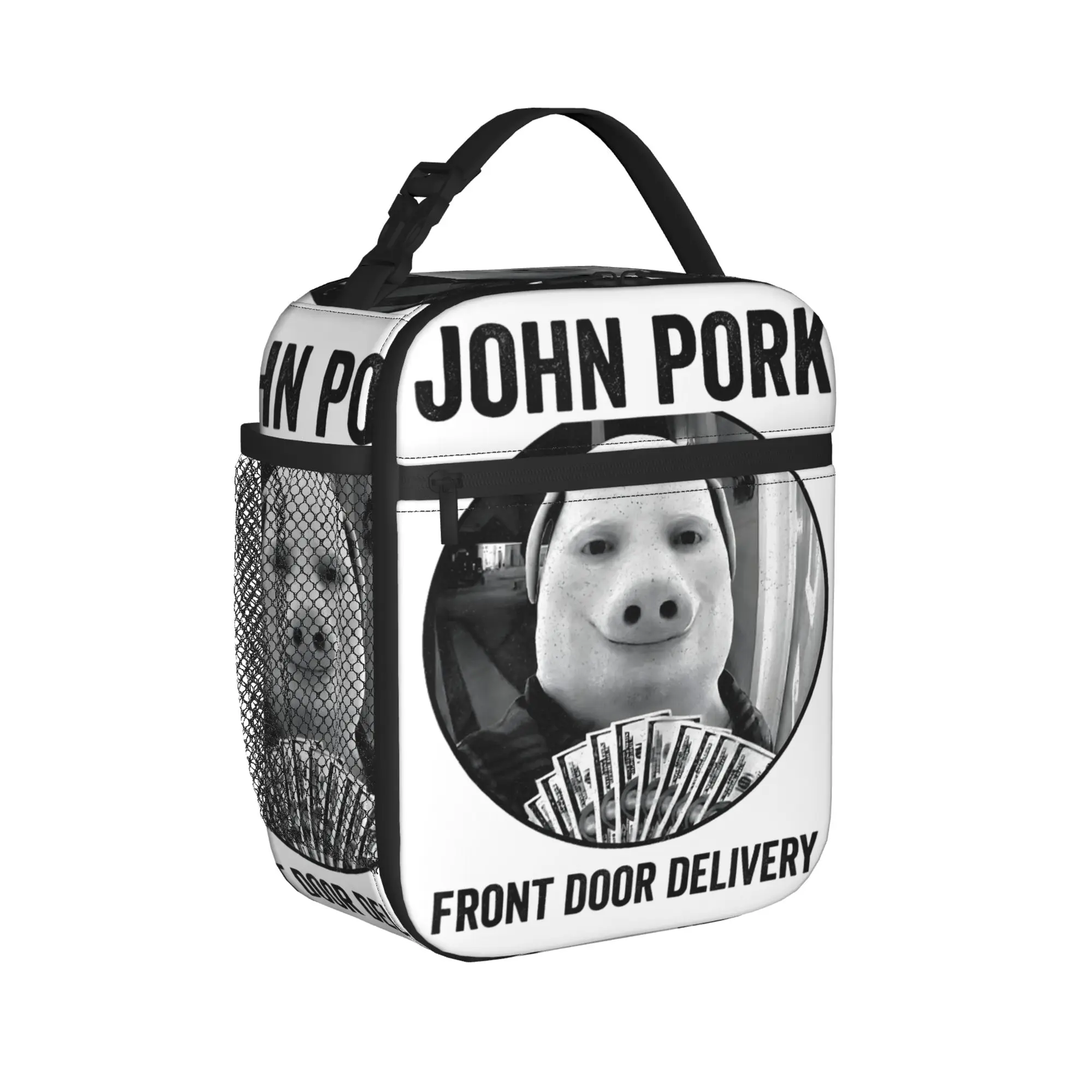 John Pork Front Door Delivery Meme Pig Man Holding Money Art Lunch Bag Lunch Box Travel Convenient Thermal Tote Handbags
