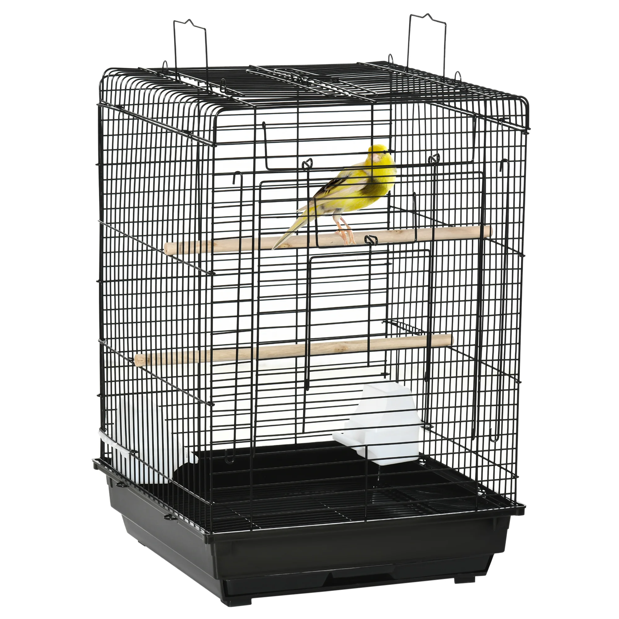 PawHut Birdcage metal bird cage 40x40x59 cm with folding roof 2 hangers 2 feeders and removable tray for black parakeet Canary