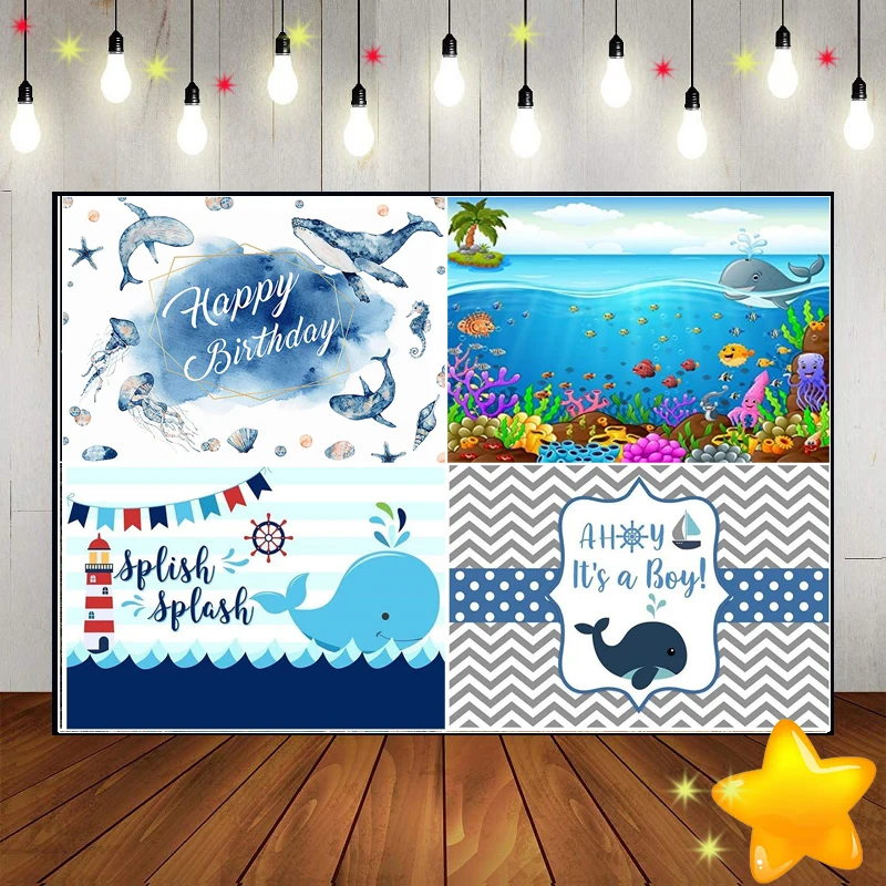 Whale Under The Sea Ocean Crab Blue Nautical Custom Birthday Backdrop Game Background Decoration Banner Photo Boy Baby Shower