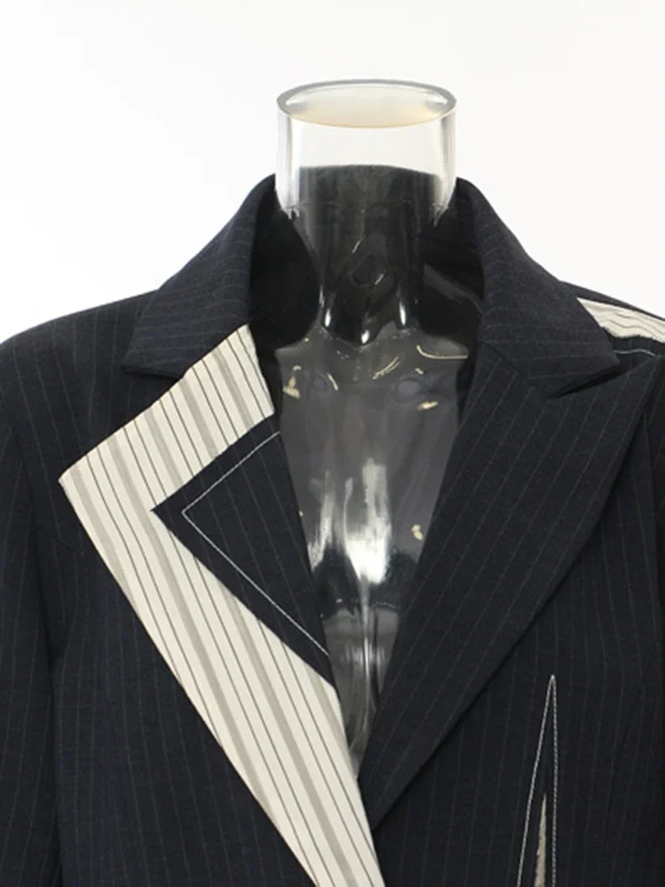 Dames Marineblauw Gestreept Onregelmatige Elegante Blazer Nieuwe Revers Jas Met Lange Mouwen Mode Tij Lente Herfst 2024