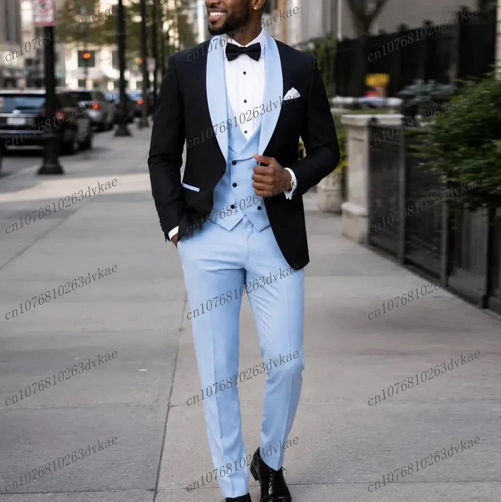 

Formal Black And Sky Blue Men Suit Wedding Party Groom Groomsman Prom Business Male Tuxedos 3 Piece Set Jacket Vest Pants