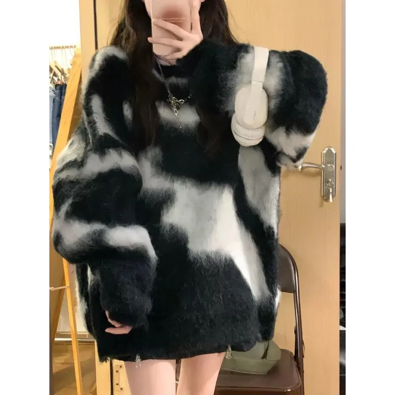 

American Vintage Subculture Black White Striped Sweater Winter New Crewneck Long Sleeve Sweater Oversized Loose Women's Clothing