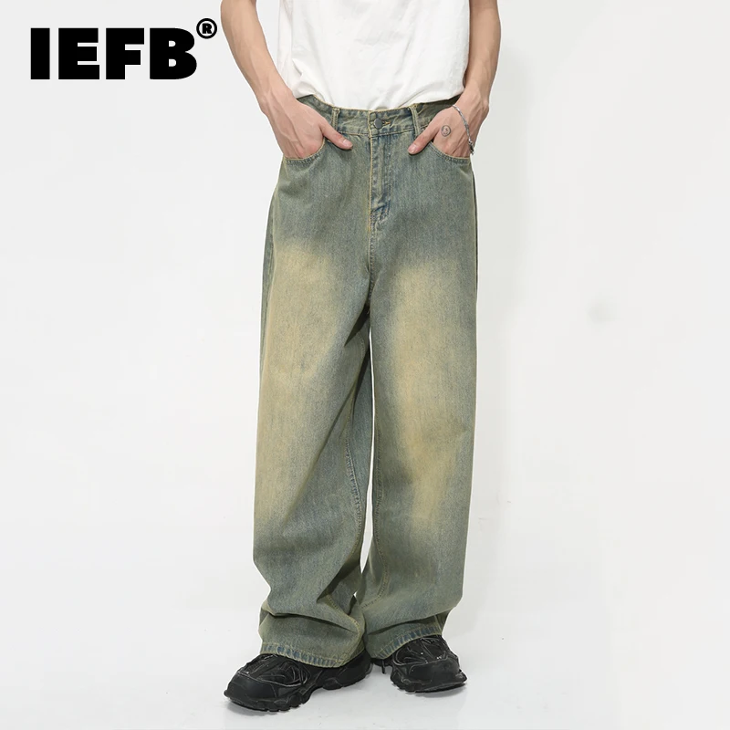 IEFB Vintage Gradient Baggy Jean Trousers Trend Men\'s Fashion Distressed Y2k Style Personality Wide Leg Casual Denim Pant 9C1149