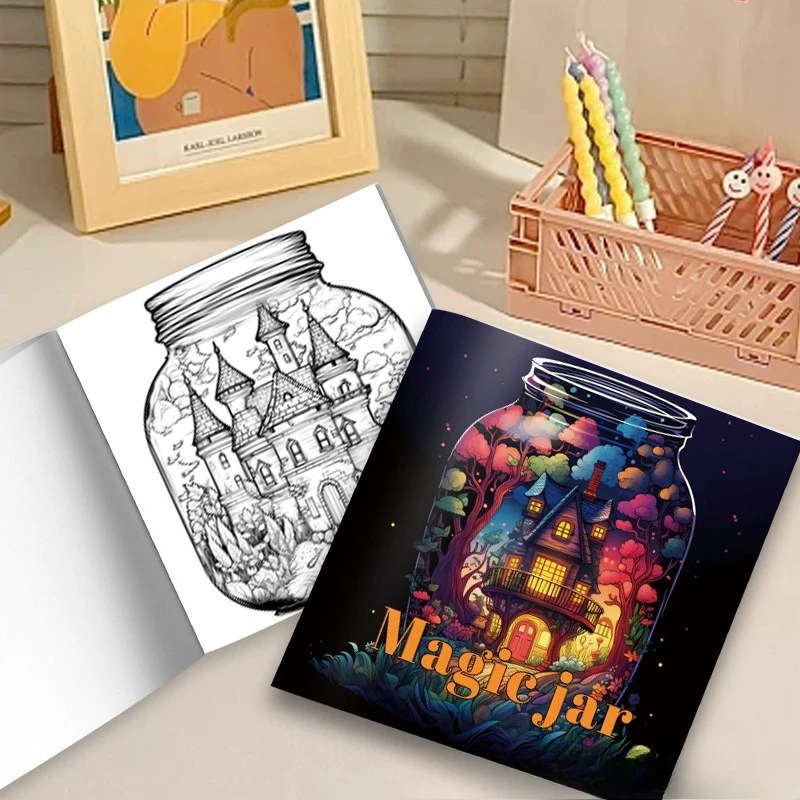 Magic Jar Coloring Book Mini Fairy House Forest Tree Magical Fantasy Stress Relief Drawing Book