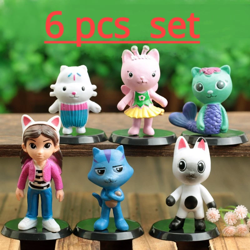 

6pcs set PVC Gabby Dollhouse Figure Toy Mercat Cartoon Stuffed Animals Smiling Car Cat Hug Gaby Girl Dolls Kids Birthday Gifts