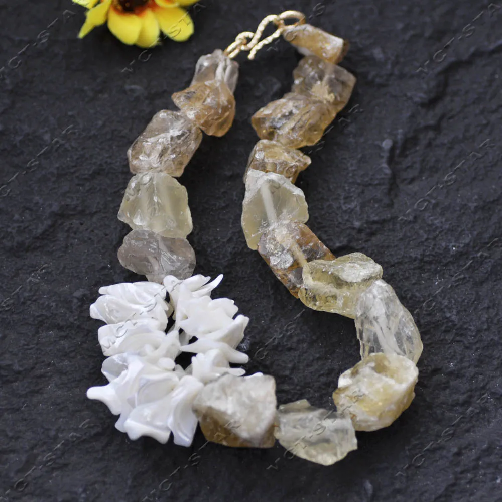 

Z14546 18'' 30mm Yellow Clean Baroque Ice Sugar Cubes Crystal Citrine Raw Stone White Shell Petals Necklace