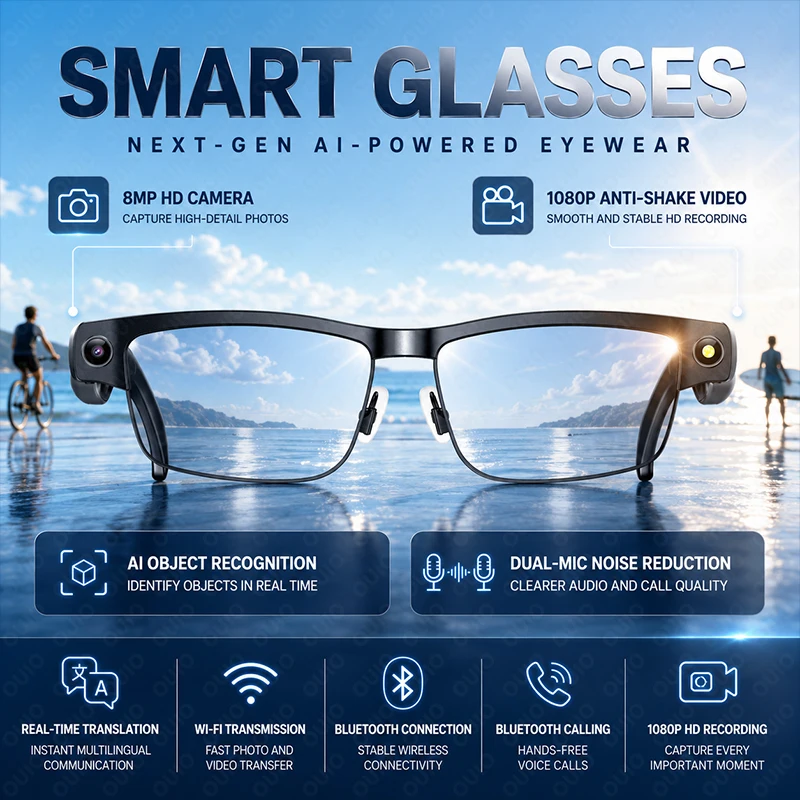 New Smart Glasses Built-in HD Camera Dual Mic Noise Reduction WiFi Bluetooth Object Recognition Real-Time Transmission Glasses