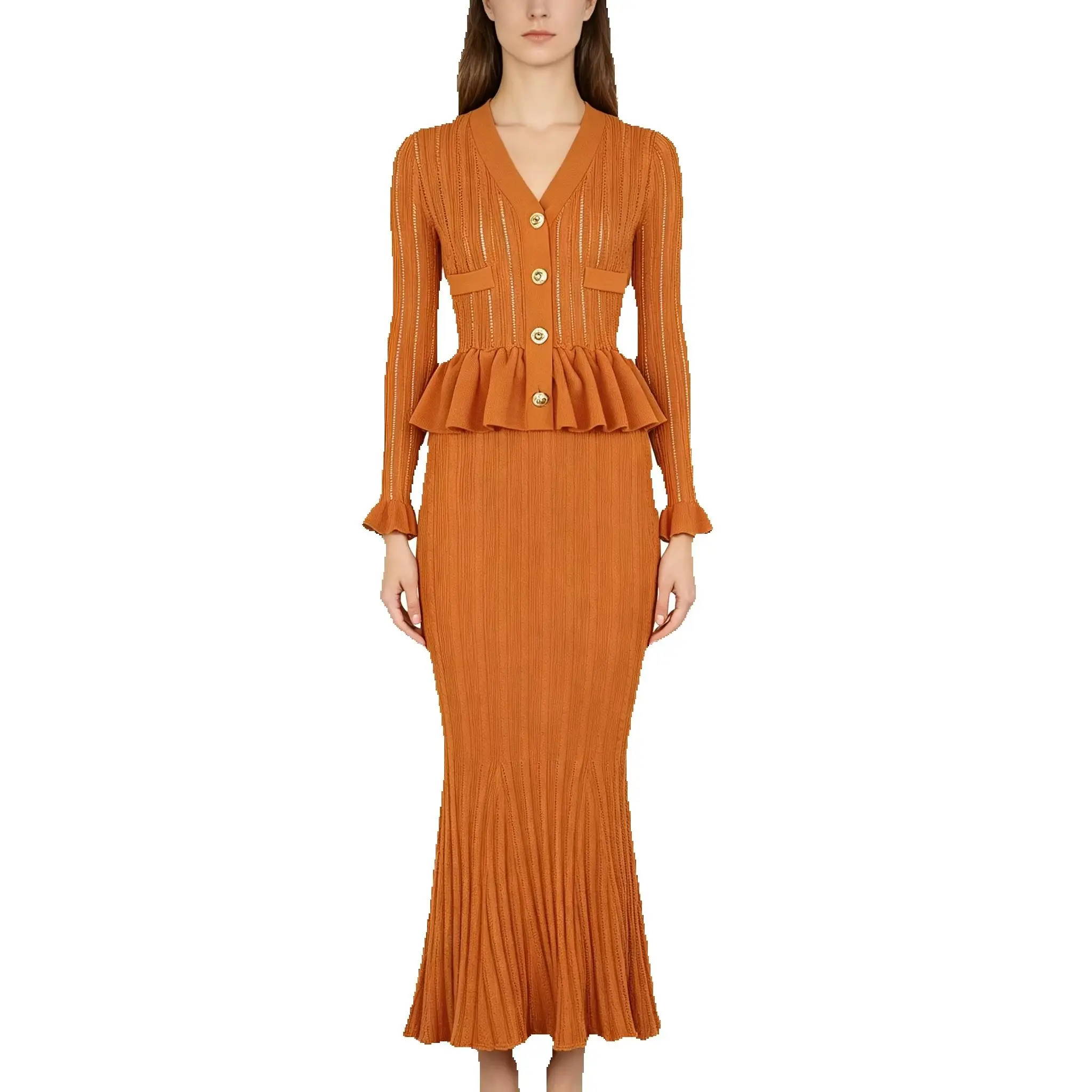 High Quality Autumn New Heavy Industry Long Sleeved Elastic Knitted Versatile Hollow Lotus Leaf Side Length Women's Dress