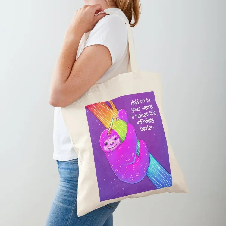 

Hold on to Your Weird Rainbow Slothicorn Tote Bag woman shopping bag canvas tote bags for women Canvas bag