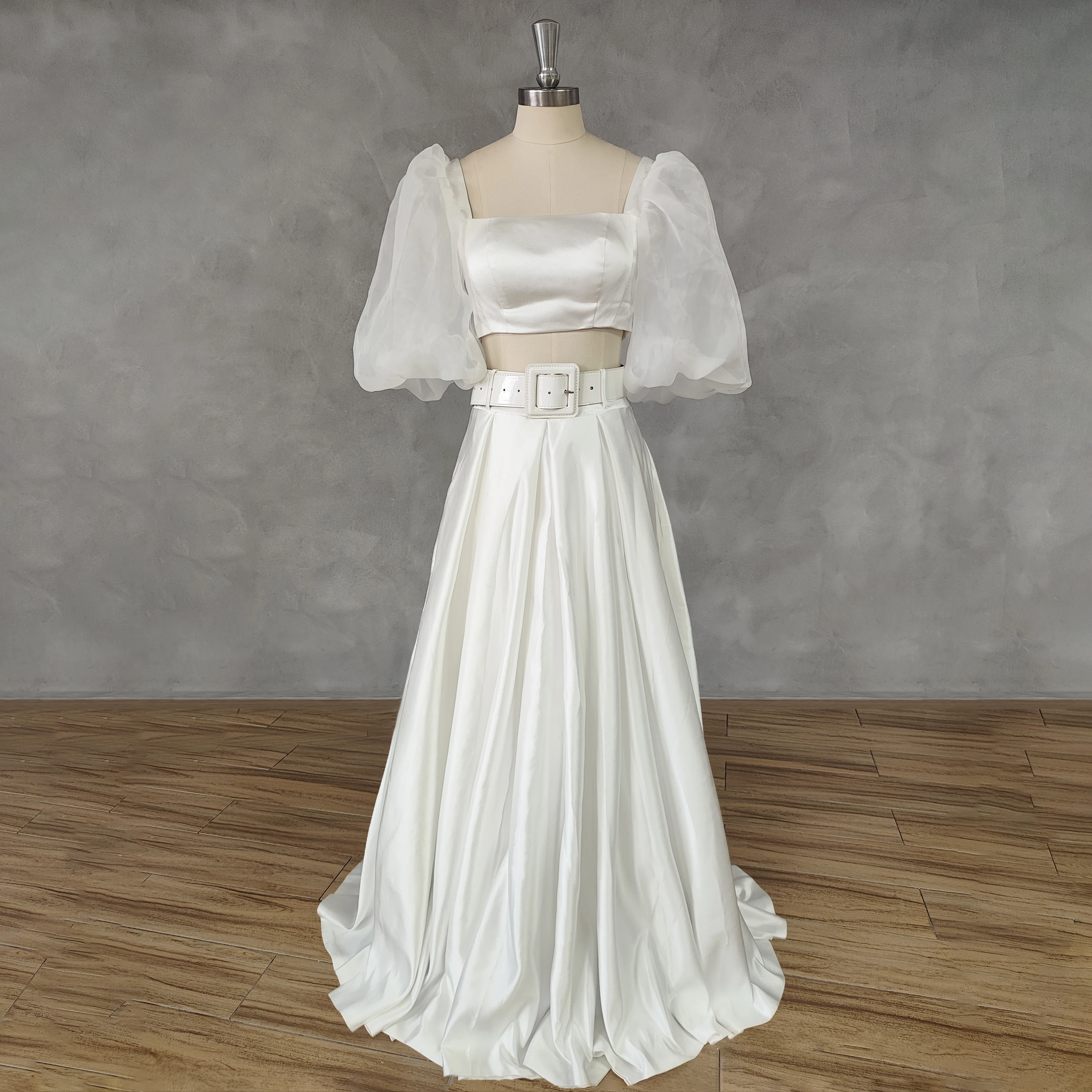 

DIDEYTTAWL Real Picture Two Pieces Square-Neck A-Line Lace Top Satin Wedding Dress Zipper Back Court Train Bridal Gown