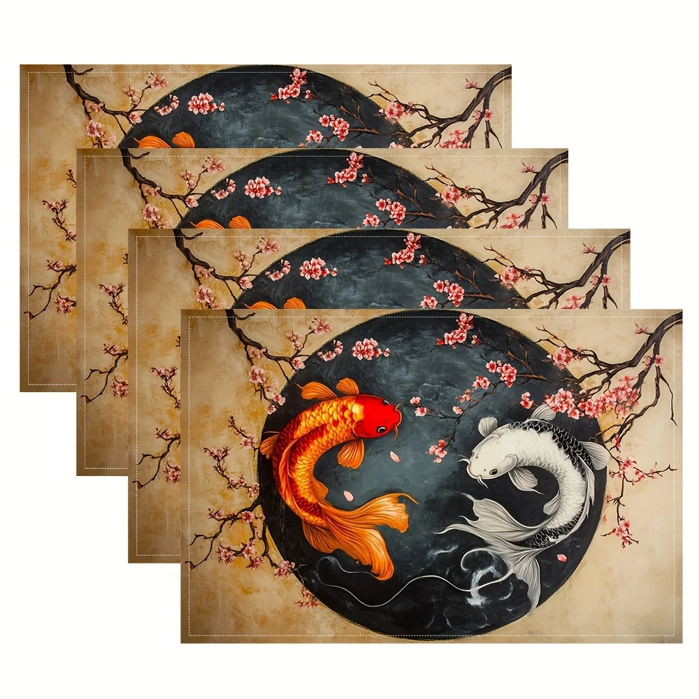 Oriental Vintage Yin Yang Koi Cherry Blossom Print  Placemats Set Asian Style Dining Table Decor Mats 4PC 6PC 8PC Optional