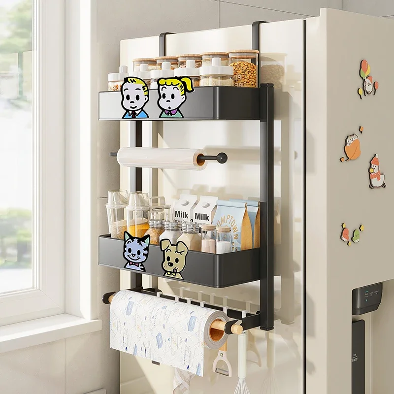 Kitchen Refrigerator Shelf Side Storage Paper Towel Cling Film Seasoning Multi-functional Perforation-free Wall Hanging Rack