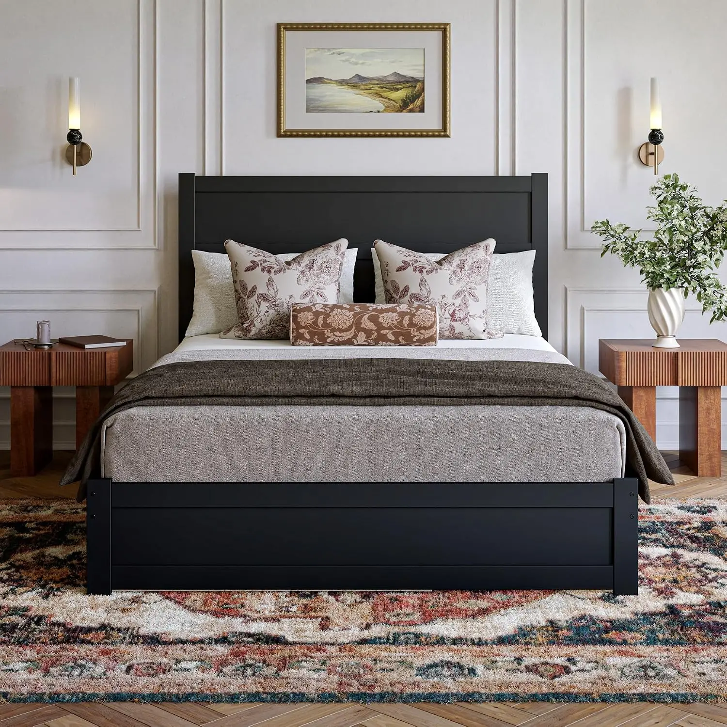 Wood Platform Bed with Matching Footboard & Twin XL Trundle, Black, Customized