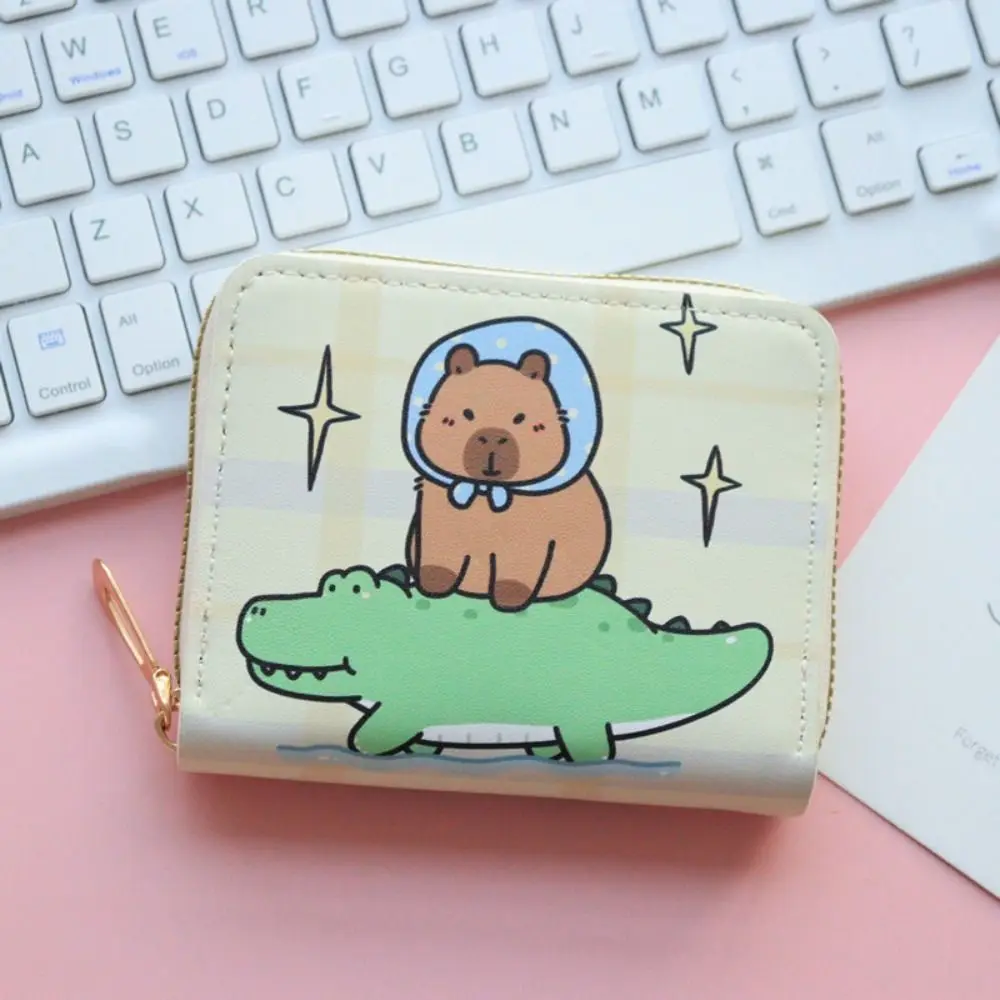 Portable Cartoon Capybara Short Wallet Zipper Multi Slot Coin Purse PU Leather Small Credit Card Holder