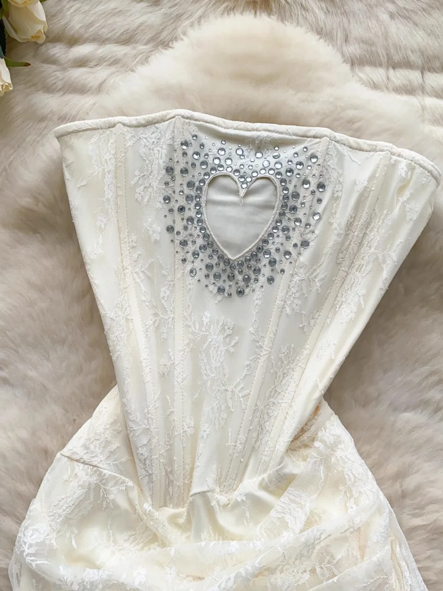 Foamlina Abito a tubino con stelle filanti in rete jacquard con strass ritagliati a cuore Mini abito romantico chic estivo da donna in vita francese