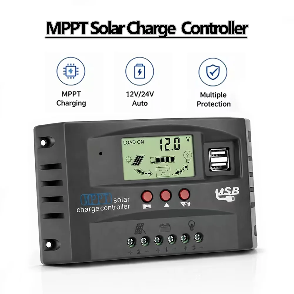 12V / 24V Auto MPPT Solar Charge Controller Regulator with Dual USB for Lithium-ion LiFePO4 Lead-Acid Battery for RV Roof Camping Boat