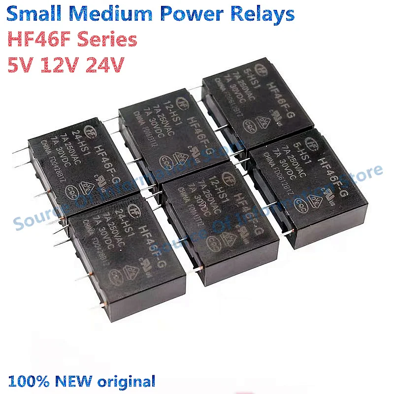 5Pcs HF46F -G- 5/12/24 -HS1 -HS1T 7A 5A 4Pin 250VAC 30VDC DC5V 12V 24V Small Medium Power Relays HF46F-12-HS1 HF46F-G-24-HS1